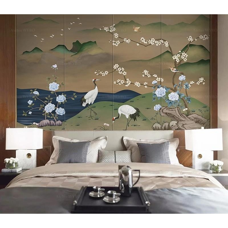 Fresque murale ancienne paysage avec fleurs et oiseaux - Grue, cerisier et pivoine, ton marron vert