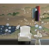 Fresque murale ancienne paysage avec fleurs et oiseaux - Grue, cerisier et pivoine, ton marron vert