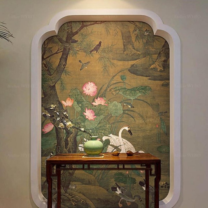 Les oies et les canards dans l'étang avec les lotus