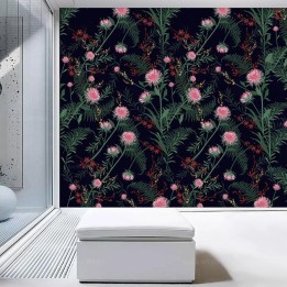 Papier peint campagne - Fleurs sauvages et fougères sur fond noir