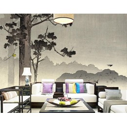 Papier peint japonais beige sépia paysage de la montagne - Cloche pendant sur conifère