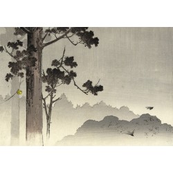Papier peint japonais beige sépia paysage de la montagne - Cloche pendant sur conifère