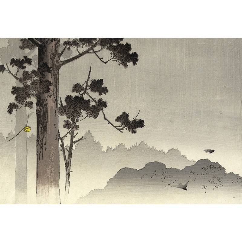 Tapisserie Murale Estampe Japonaise Cloche Pin Montagne Oiseau