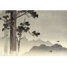 Papier peint japonais beige sépia paysage de la montagne - Cloche pendant sur conifère