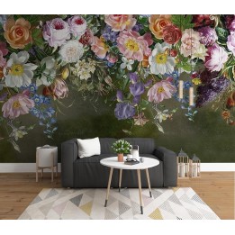 Tapisserie campagne fleurs du jardin - Pivoine, rose, camélia, jonquille, iris, hortensia