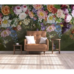 Tapisserie campagne fleurs du jardin - Pivoine, rose, camélia, jonquille, iris, hortensia