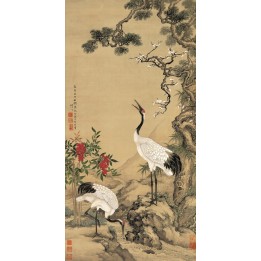 papier peint vintage style asiatique paysage avec les grues du Japon