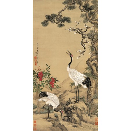 Peinture asiatique aspect ancien paysage zen les grues japonais