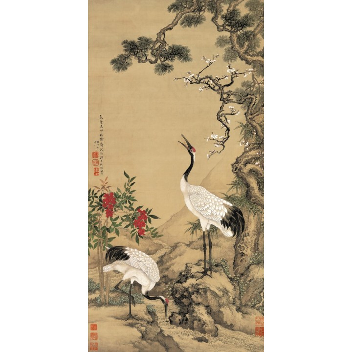 papier peint vintage style asiatique paysage avec les grues du Japon