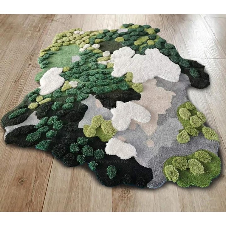 Tapis moderne velours épais en relief 3D forme irrégulière - Herbes, mousse et lichens en printemps