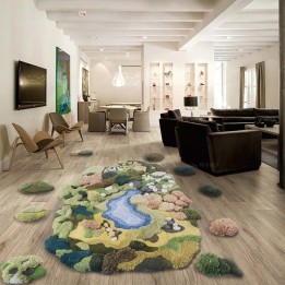 Tapis 3D contemporain composition de paysage en plusieurs morceaux forme irrégulière - Herbes, buissons et lac
