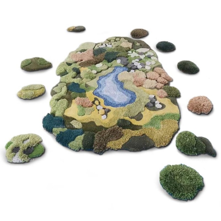 Tapis 3D contemporain composition de paysage en plusieurs morceaux forme irrégulière - Herbes, buissons et lac