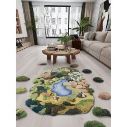 Tapis 3D contemporain composition de paysage en plusieurs morceaux forme irrégulière - Herbes, buissons et lac
