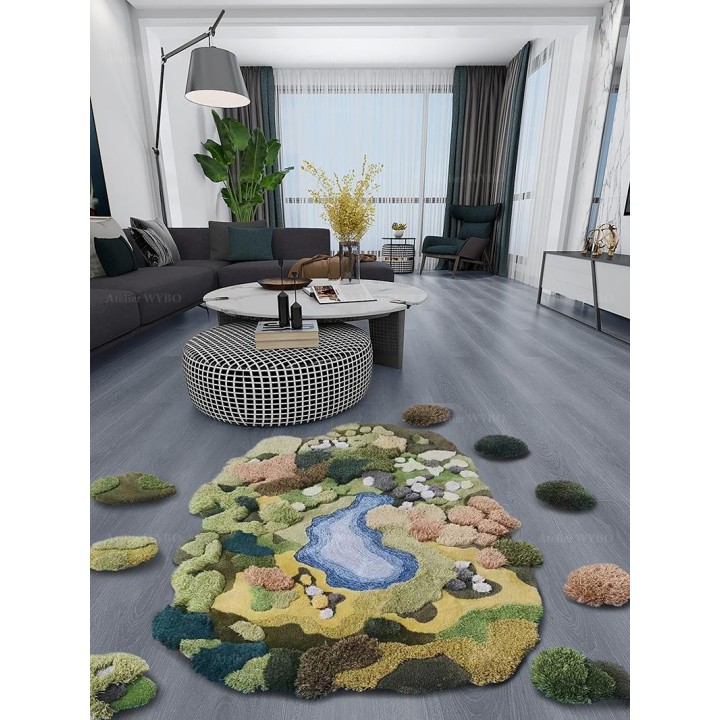 Tapis 3D contemporain composition de paysage en plusieurs morceaux forme irrégulière - Herbes, buissons et lac