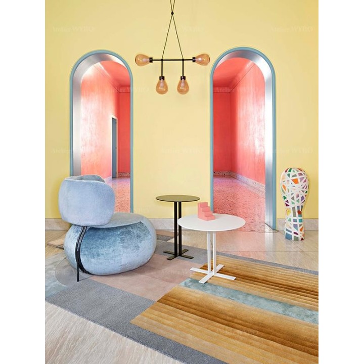 Tapis design moderne forme irrégulière couleur gris, jaune, rose et bleu