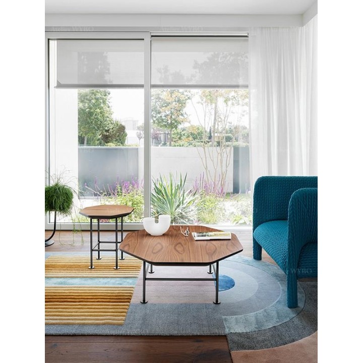 Tapis design moderne forme irrégulière couleur gris, jaune, rose et bleu