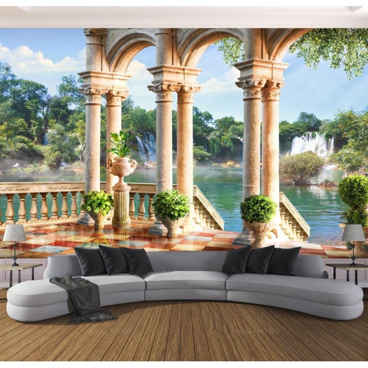 Terrasse avec colonnes classiques, paysage nature chute d'eau et lac