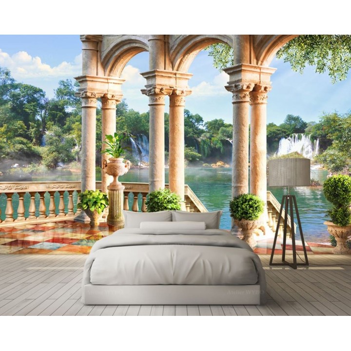 Terrasse avec colonnes classiques, paysage nature chute d'eau et lac