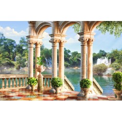 Terrasse avec colonnes classiques, paysage nature chute d'eau et lac