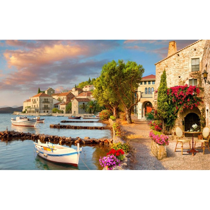Paysage de la campagne effet de profondeur - Maisons en pierre au bord du lac