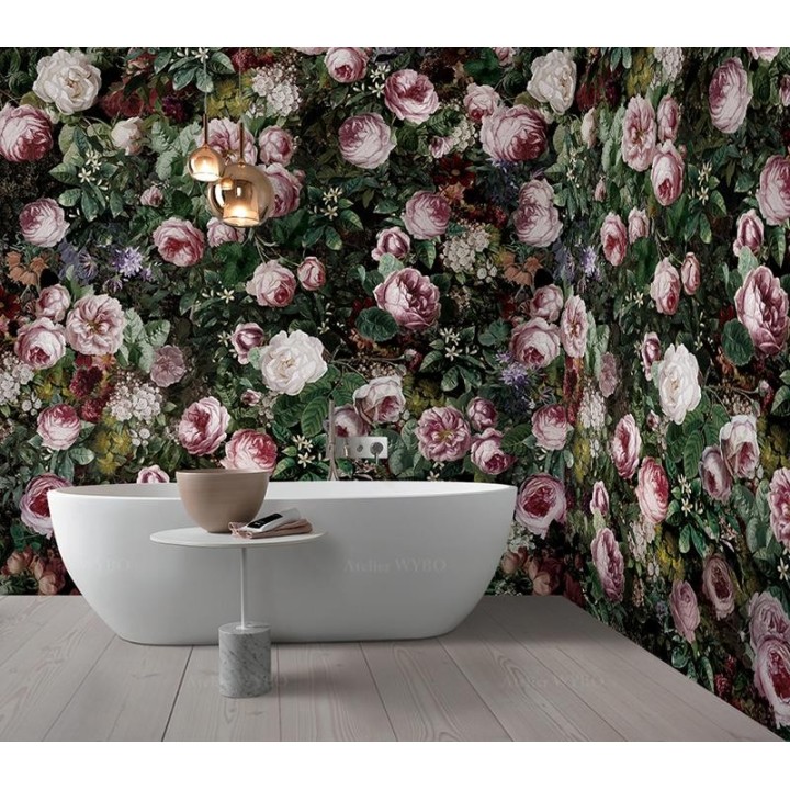 Lambris PVC décoratif aspect ancien, salle de bains vintage mur floral - Pivoines, roses et jasmins