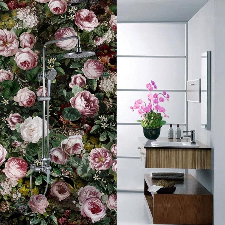 Lambris PVC décoratif aspect ancien, salle de bains vintage mur floral - Pivoines, roses et jasmins