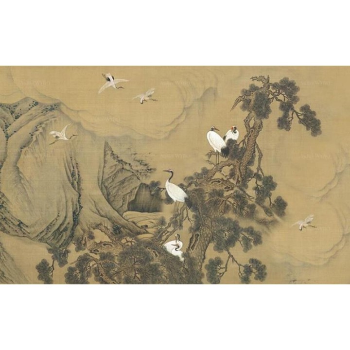 Rideau de séparation amovible - Grues du Japon et pins dans la montagne nuageuse