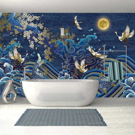 Panneau japonais salle de bains douche - Grues du Japon s'envolent dans la nuit bleue