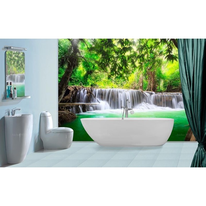 Panneau salle de bains ton turquoise - Chute d'eau dans la forêt tropicale