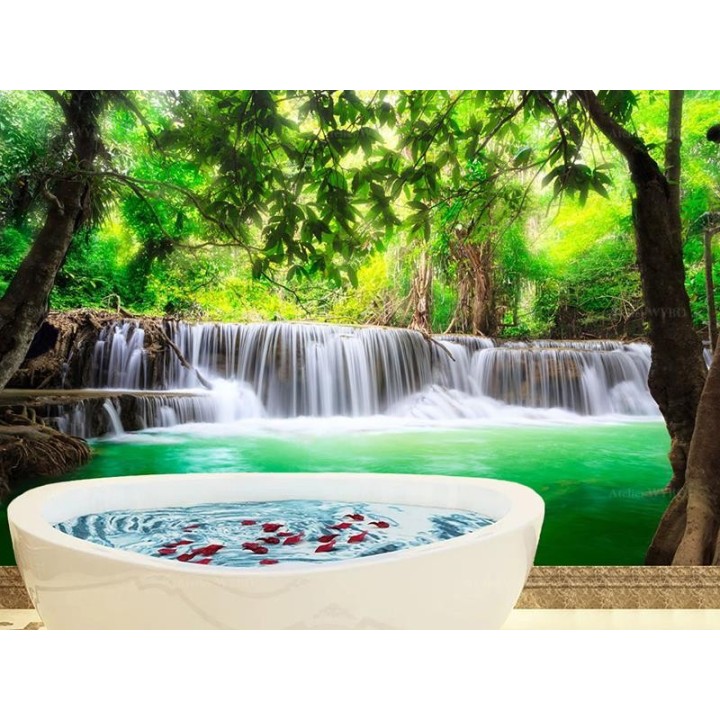 Panneau salle de bains ton turquoise - Chute d'eau dans la forêt tropicale