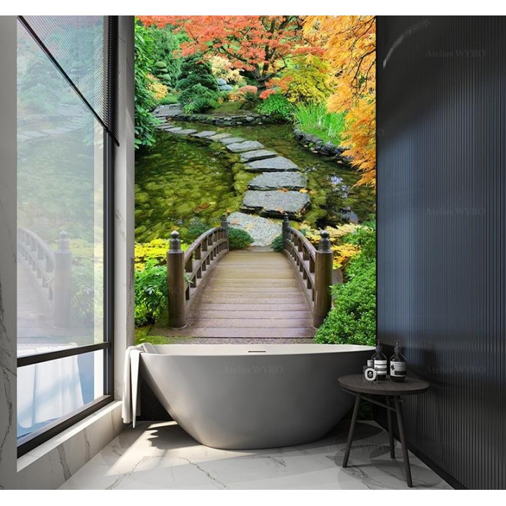 Paysage trompe l'œil 3D extension d'espace - Pas japonais dans jardin zen