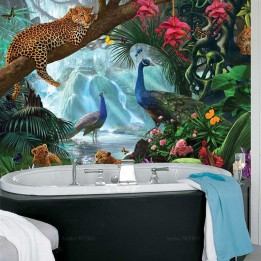 Salle de bains animaux et oiseaux de la jungle - Panthères et paons au bord de la chute d'eau