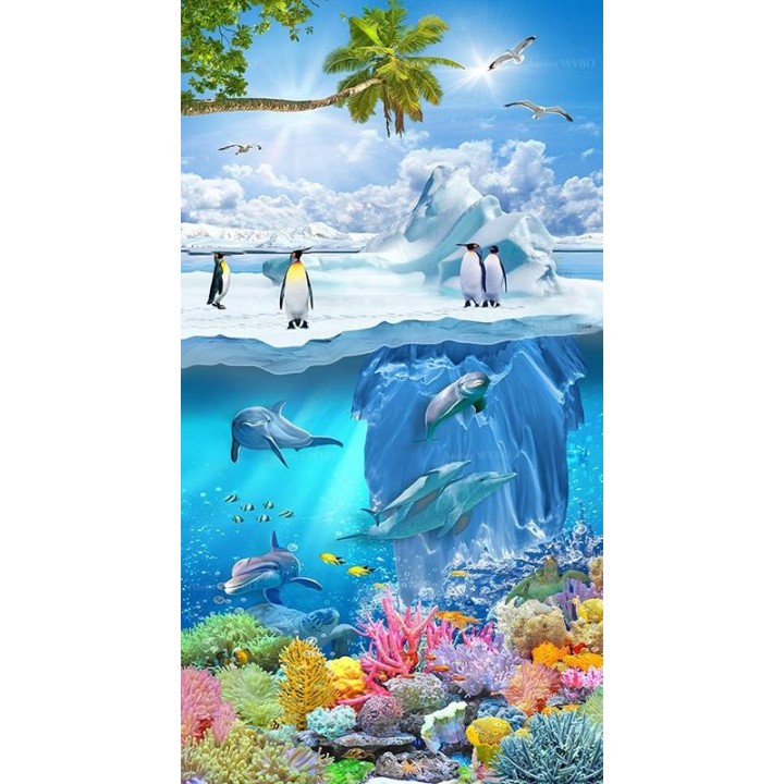 Pingouins sur banquise, dauphins et coraux dans mer tropicale