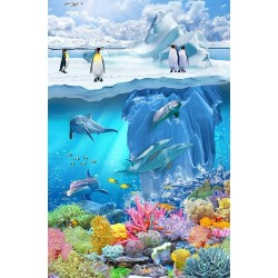 Pingouins sur banquise, dauphins et coraux dans mer tropicale