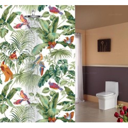 Panneau de douche décoratif - Oiseaux exotiques et plantes tropicales sur fond blanc
