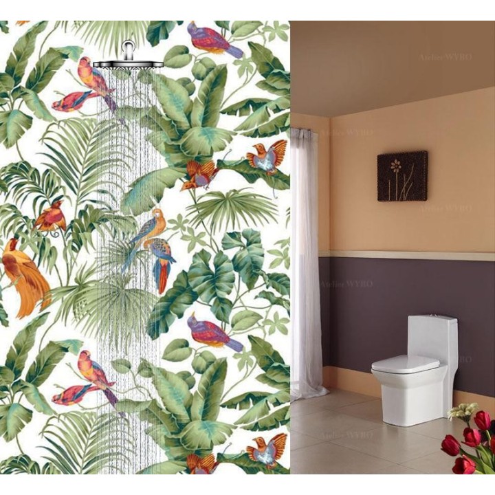Panneau de douche décoratif - Oiseaux exotiques et plantes tropicales sur fond blanc