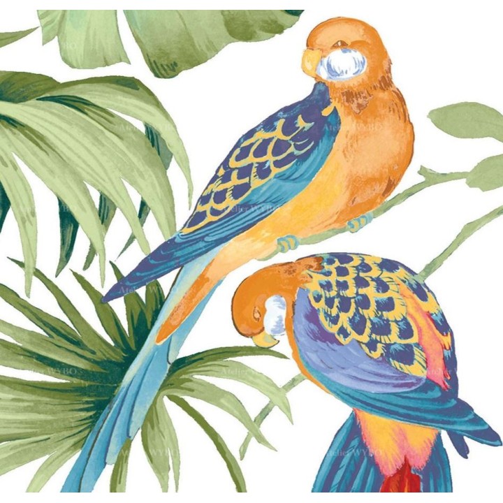 Panneau de douche décoratif - Oiseaux exotiques et plantes tropicales sur fond blanc