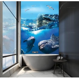 Panneau salle de bains bleu marine fond marin les dauphins