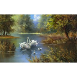 papier peint d'artiste paysage fantaisie-La famille cygne sur lac