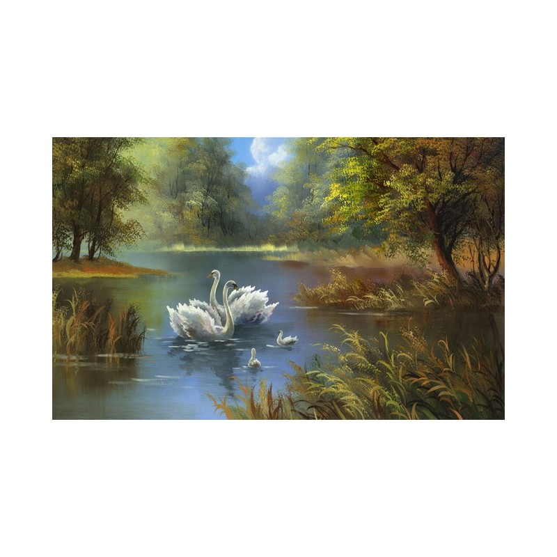 Papier peint d'artiste tapisserie romantique-Les cygnes sur lac