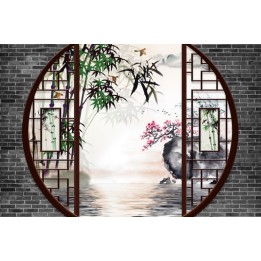 Papier Peint Paysage 3D Asiatique Jardin Chinois Bambou Oiseau