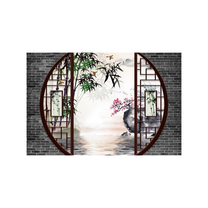 Papier Peint Paysage 3D Asiatique Jardin Chinois Bambou Oiseau