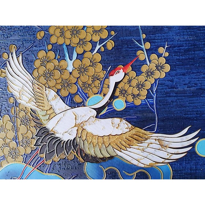 Tapisserie 3D surface en relief - Grues du Japon s'envolent dans la nuit bleue