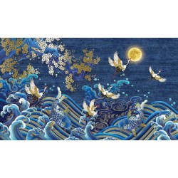 Tapisserie 3D surface en relief - Grues du Japon s'envolent dans la nuit bleue
