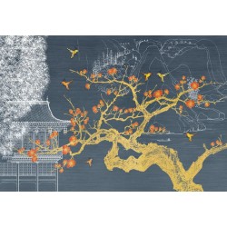 Tapisserie 3D surface sculptée en relief - Paysage avec fleurs et oiseaux, bâtiment traditionnel