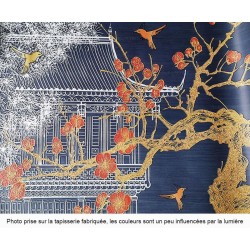 Tapisserie 3D surface sculptée en relief - Paysage avec fleurs et oiseaux, bâtiment traditionnel