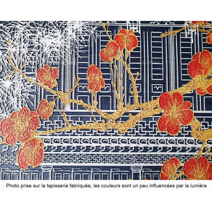 Tapisserie 3D surface sculptée en relief - Paysage avec fleurs et oiseaux, bâtiment traditionnel