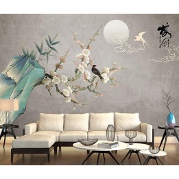 Papier peint 3D aspect ancien - Abricotier du japon au pied de rocher avec bambous et oiseaux
