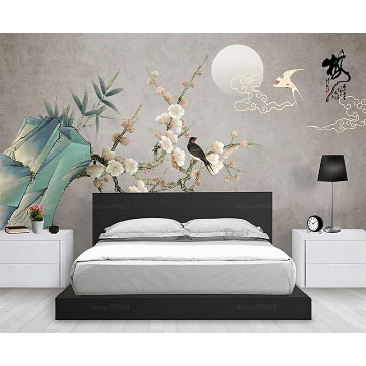 Papier peint 3D aspect ancien - Abricotier du japon au pied de rocher avec bambous et oiseaux