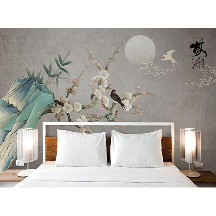 Papier peint 3D aspect ancien - Abricotier du japon au pied de rocher avec bambous et oiseaux